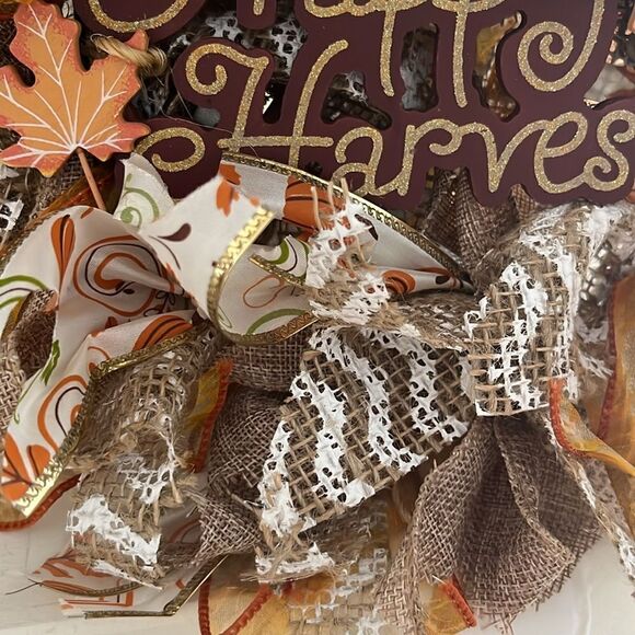 Handmade Fall Autumn Thanksgiving Ribbon Twine Wreath Made on 8” Ring - Picture 4 of 7